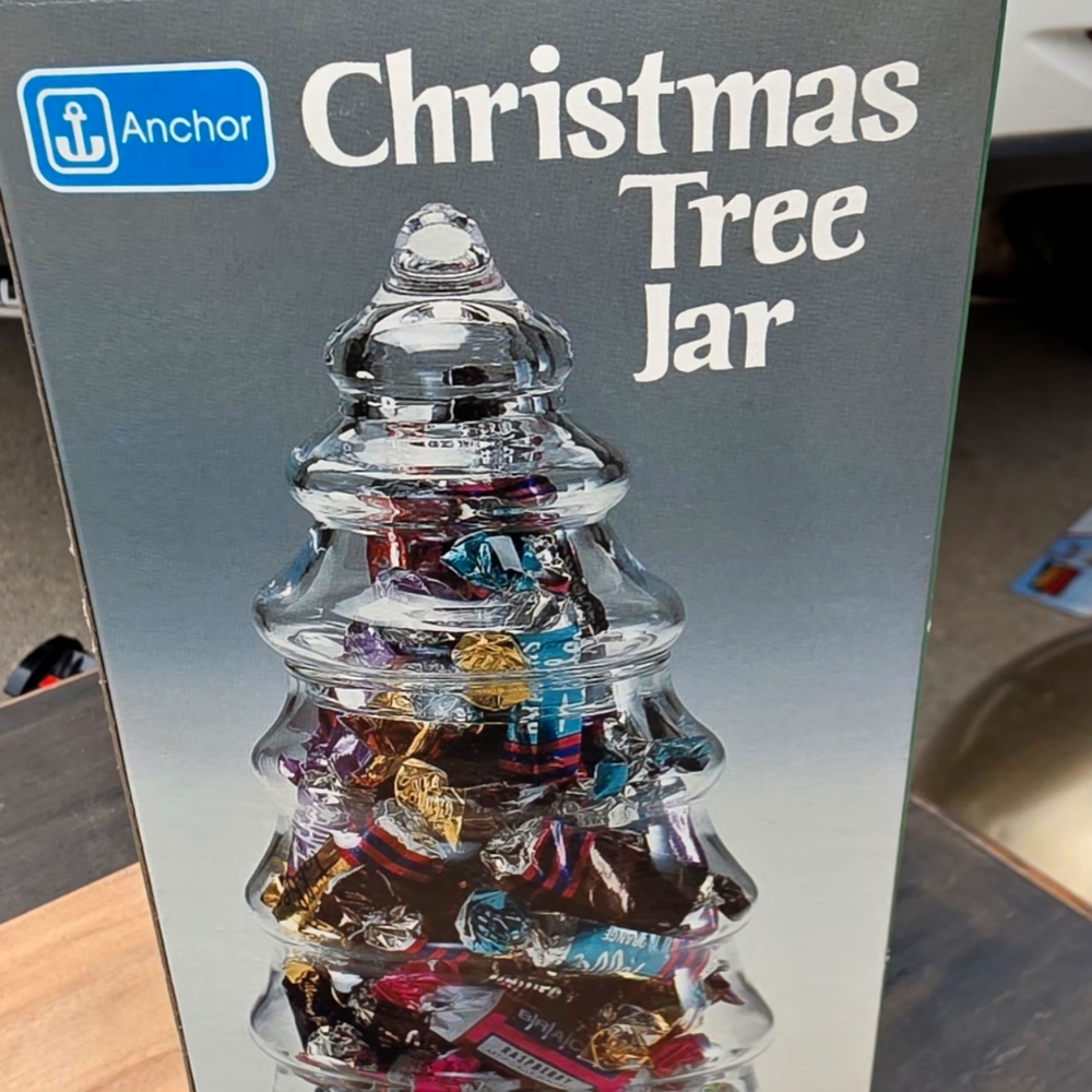 Vintage Anchor Hocking Clear Glass Christmas Tree Jar 11” Candy Decor *ORG BOX